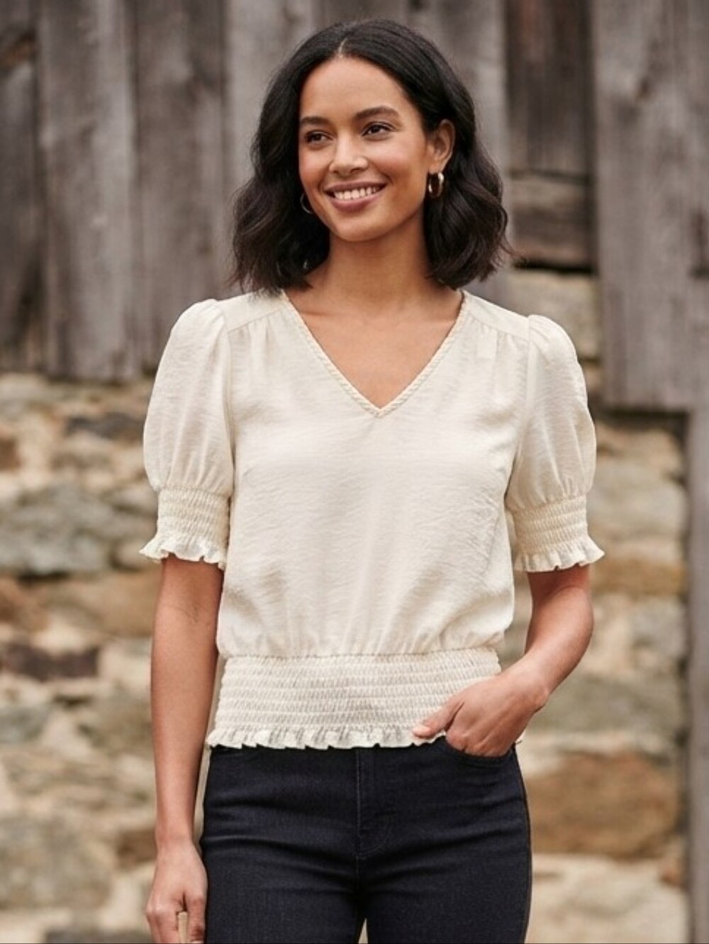 Philosophy Ivory Puff Sleeve Peasant Blouse Size Medium